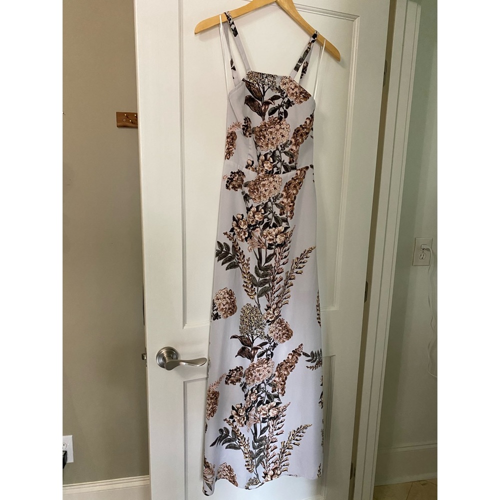 Blue floral maxi dress with low, strappy back